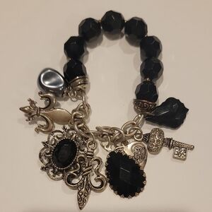 Black And Silver‎ Fleur De Lis Stretch Bracelet